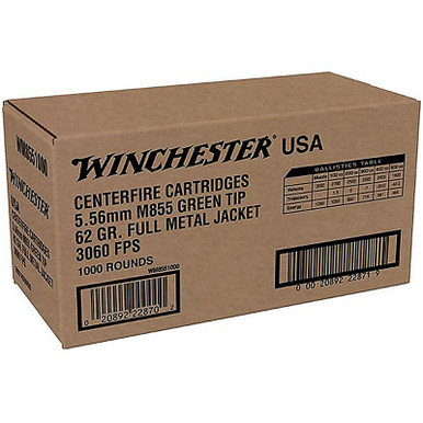 Winchester 5.56 NATO 62GR M855 FMJ Green Tip Case of 1000 Rounds