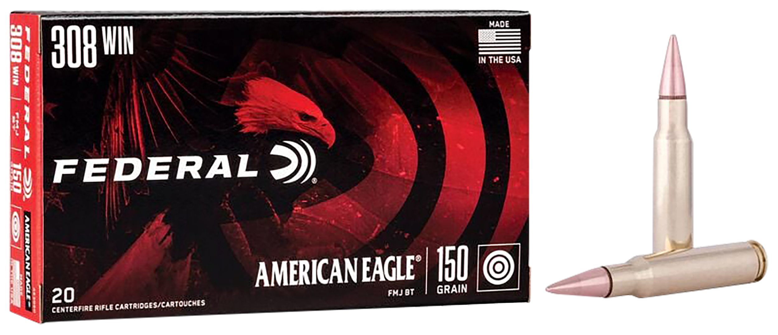 Federal American Eagle Rifle Ammunition AE308D, 308 Winchester, Metal Case Boat-Tail, 150 GR, 2820 fps, 20 Rd/bx
