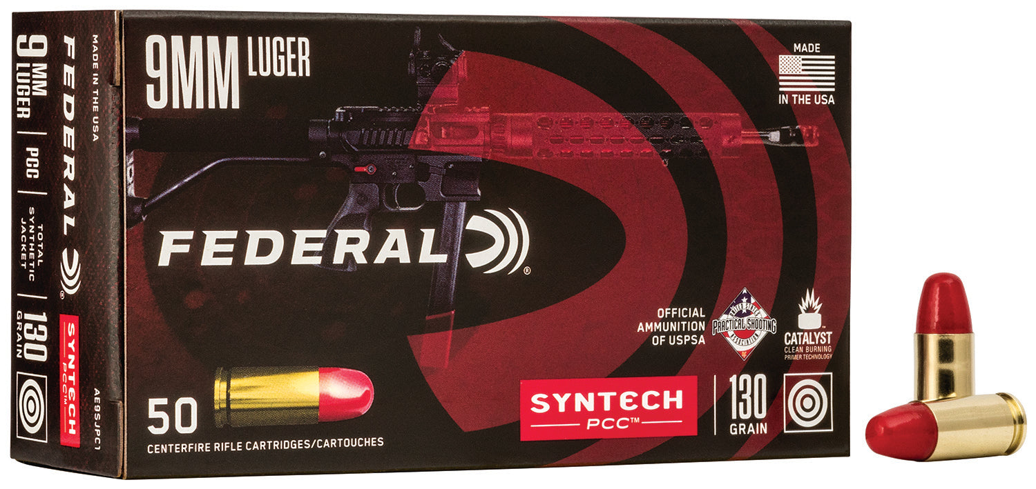 Federal 9mm Luger American Eagle Syntech PCC 130gr Syntech Jacket Flat Nose Ammo 1140 FPS