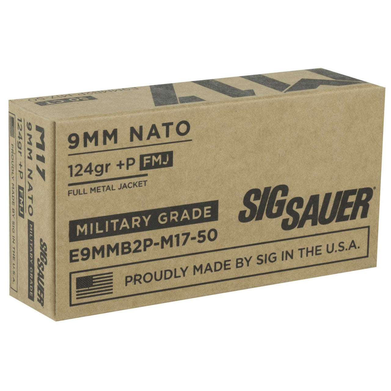 Sig Sauer E9MMB2PM1750 Military Grade9mm NATO +P 124 gr Full Metal Jacket (FMJ) 50 Bx/ 20 Cs