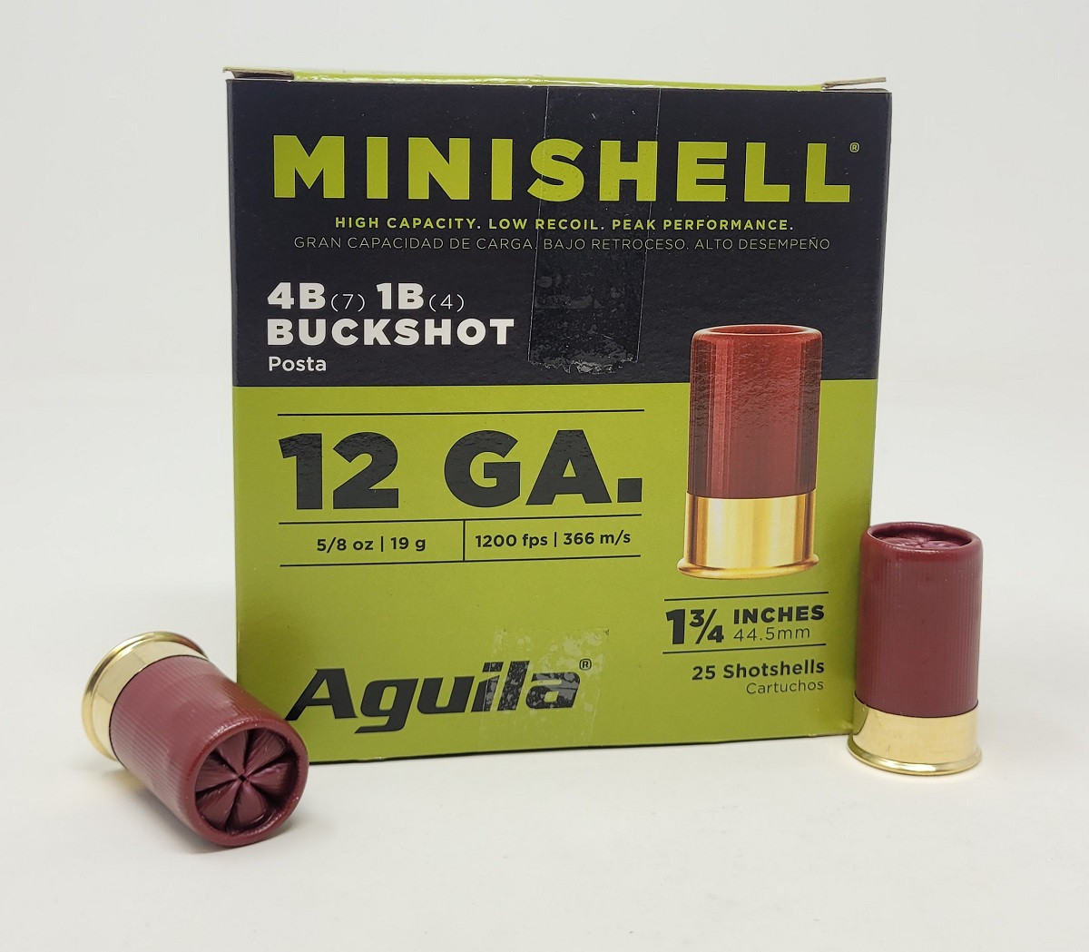Aguila 12 Gauge Ammunition Minishell 1CHB1385 1-3/4″ 7 Pellets #4 Buckshot & 4 Pellets #1 Buckshot 5/8oz 1200fps 25 Rounds