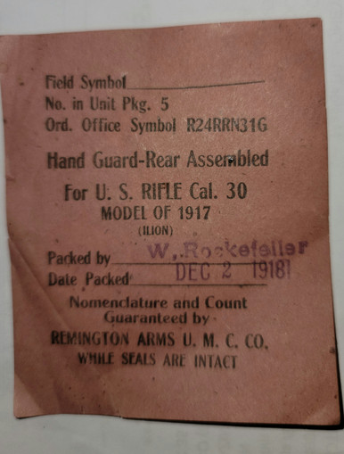 US Gov Original Packing Slip for 1917 Rear Handguards