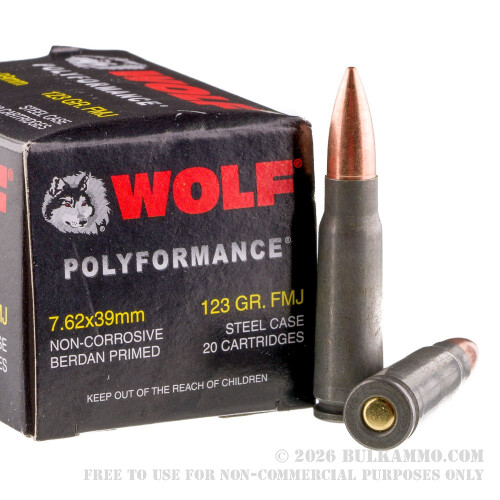 1000 Rounds of 7.62x39mm Ammo by Wolf WPA Polyformance - 123gr FMJ