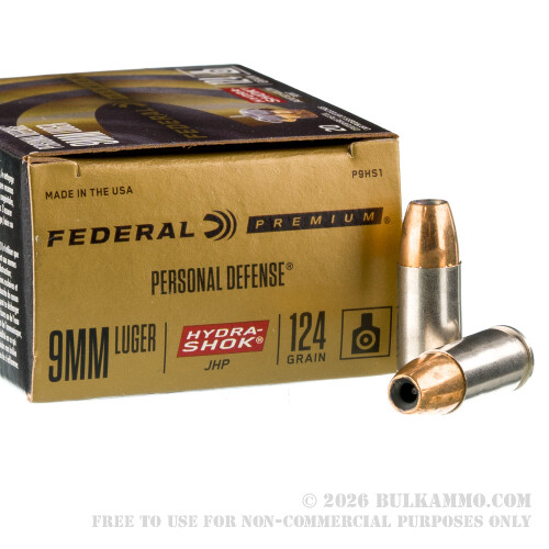 20 Rounds of 9mm Ammo by Federal Hydra Shok - 124gr JHP