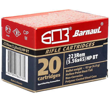 Barnaul .223 Remington 62GR HP BT Polycoated Steel Case 20 Rounds