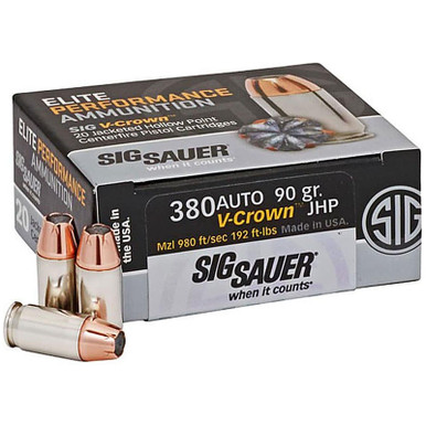 Sig Sauer Elite Performance Ammunition 380 ACP 90 Grain V-Crown Jacketed Hollow Point Box of 20, E380A1