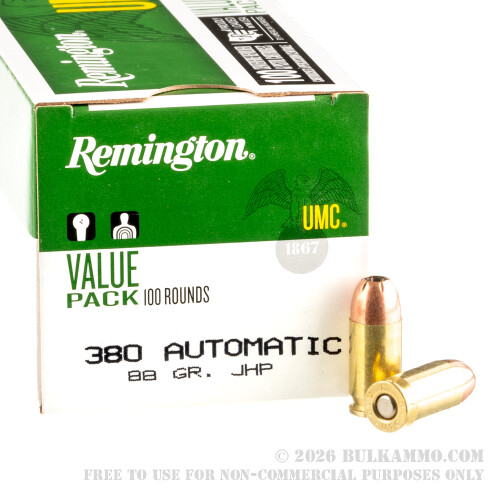 100 Rounds of .380 ACP Ammo by Remington - 88gr JHP