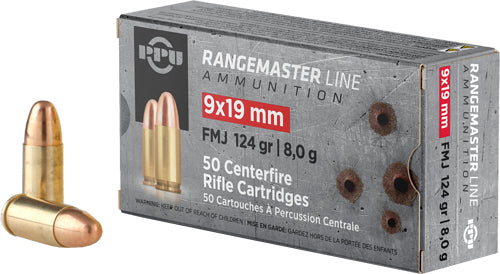 PPU 9mm Luger Rangemaster 124gr FMJ Ammo 1263 FPS