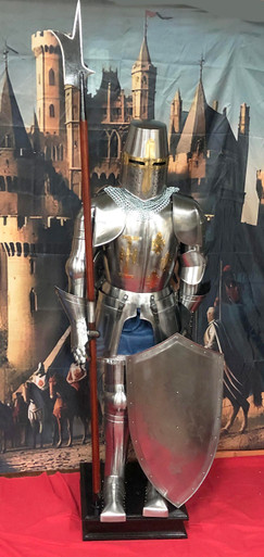 Medieval Templar Knight Suit of Armor w/Halberd & Shield & Wooden Base