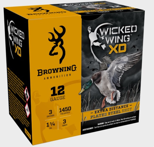 Browning Wicked Wing 12 Gauge Ammunition B193411233 3″ 1-1/4oz #3 Steel Shot 1450fps 25 Rounds