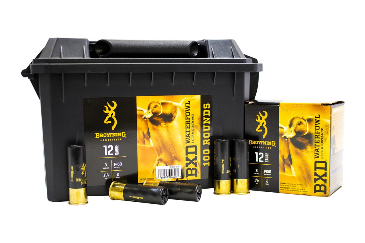 Browning 12 Gauge Ammunition BDX Waterfowl Extra Distance B19341232C 3″ #2 Steel Shot 1-1/4oz 1450fps CAN 100 Rounds