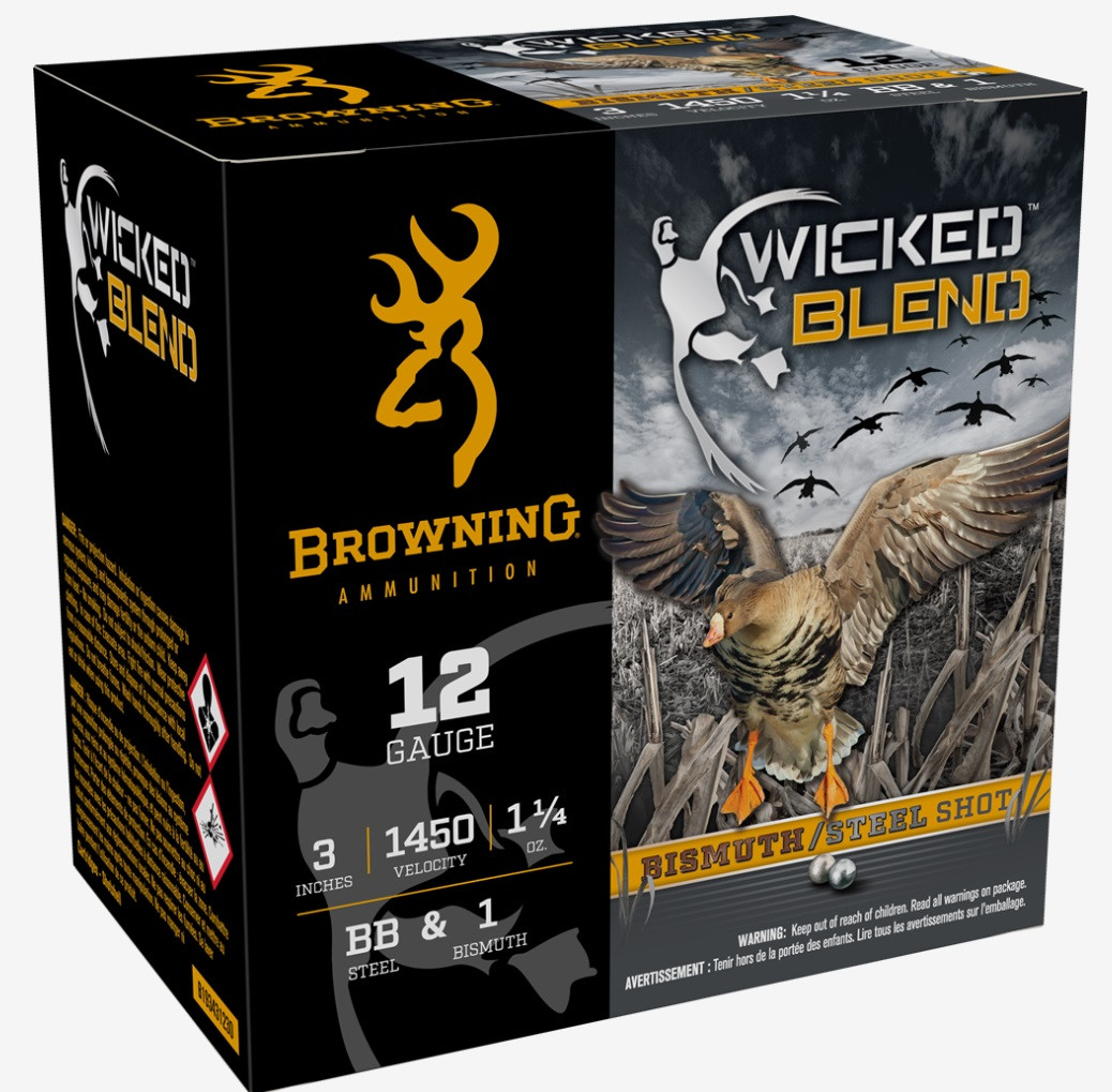 Browning 12 Gauge Ammunition Wicked Blend B193431230 3″ Steel BB & #1 Bismuth Shot 1-1/4oz 1450fps 25 Rounds