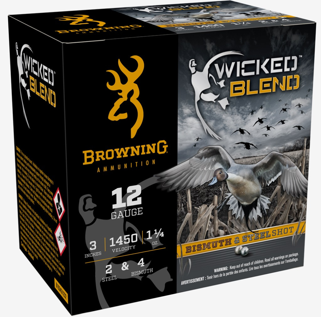 Browning 12 Gauge Ammunition Wicked Blend B193431232 3″ #2 Steel & #4 Bismuth Shot 1-1/4oz 1450fps 25 Rounds