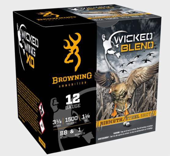 Browning 12 Gauge Ammunition Wicked Blend B193431240 3-1/2″ Steel BB & #1 Bismuth Shot 1-1/2oz 1500fps 25 Rounds