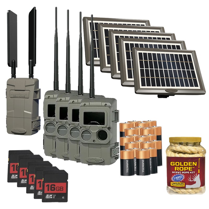 CuddeLink L-Series 4+1 IR Camera + 5 Solar Panel Cuddeback Camera Package + SD Cards, Batteries & Golden Rope