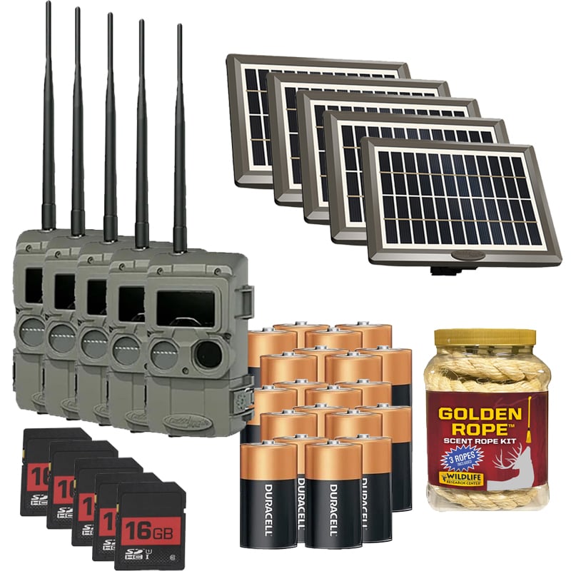 CuddeLink L-Series 5 Black Flash Camera + 5 Solar Panel Cuddeback Camera Package + SD Cards, Batteries, Solar Panels & Golden Rope