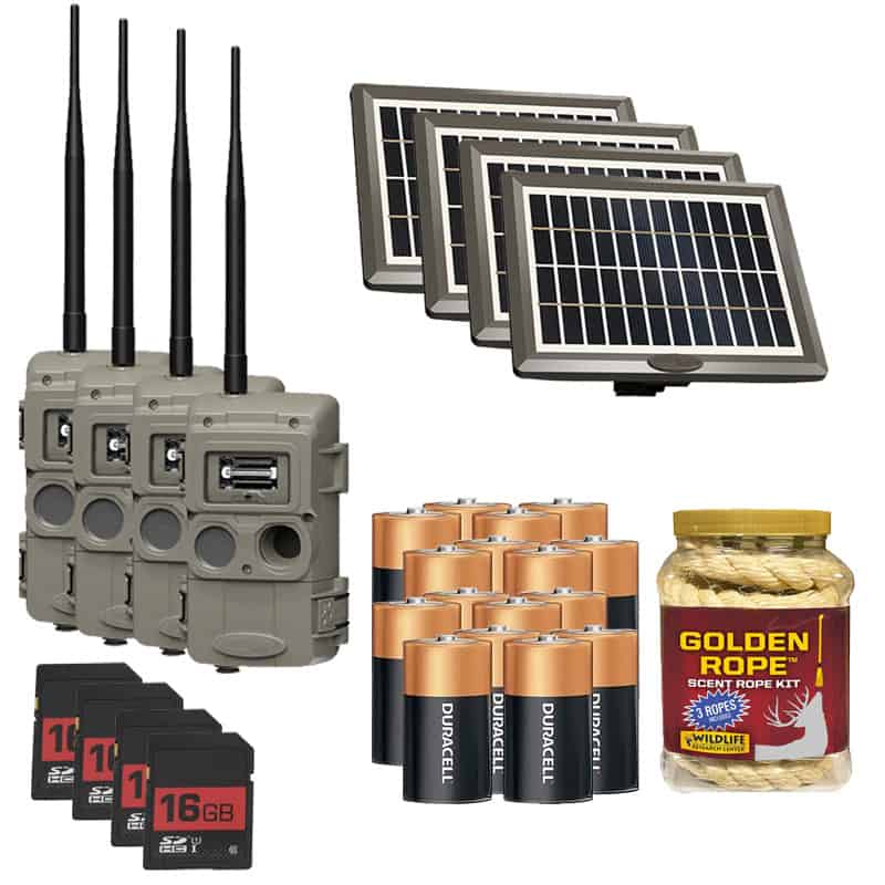 Cuddeback CuddeLink L-Series White Flash Trail Camera 4 Pack LL-1A w/ SD Cards, Batteries, Solar Panels & Golden Rope