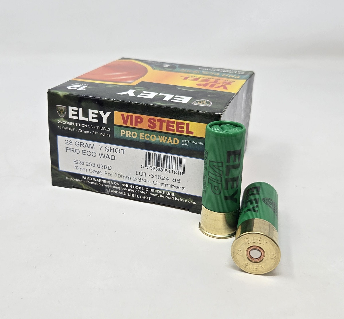 Eley 12 Gauge Ammunition VIP Steel Pro Eco Wad E22825302BD 2-3/4″ #7 Shot 1oz 1312fps 25 Rounds