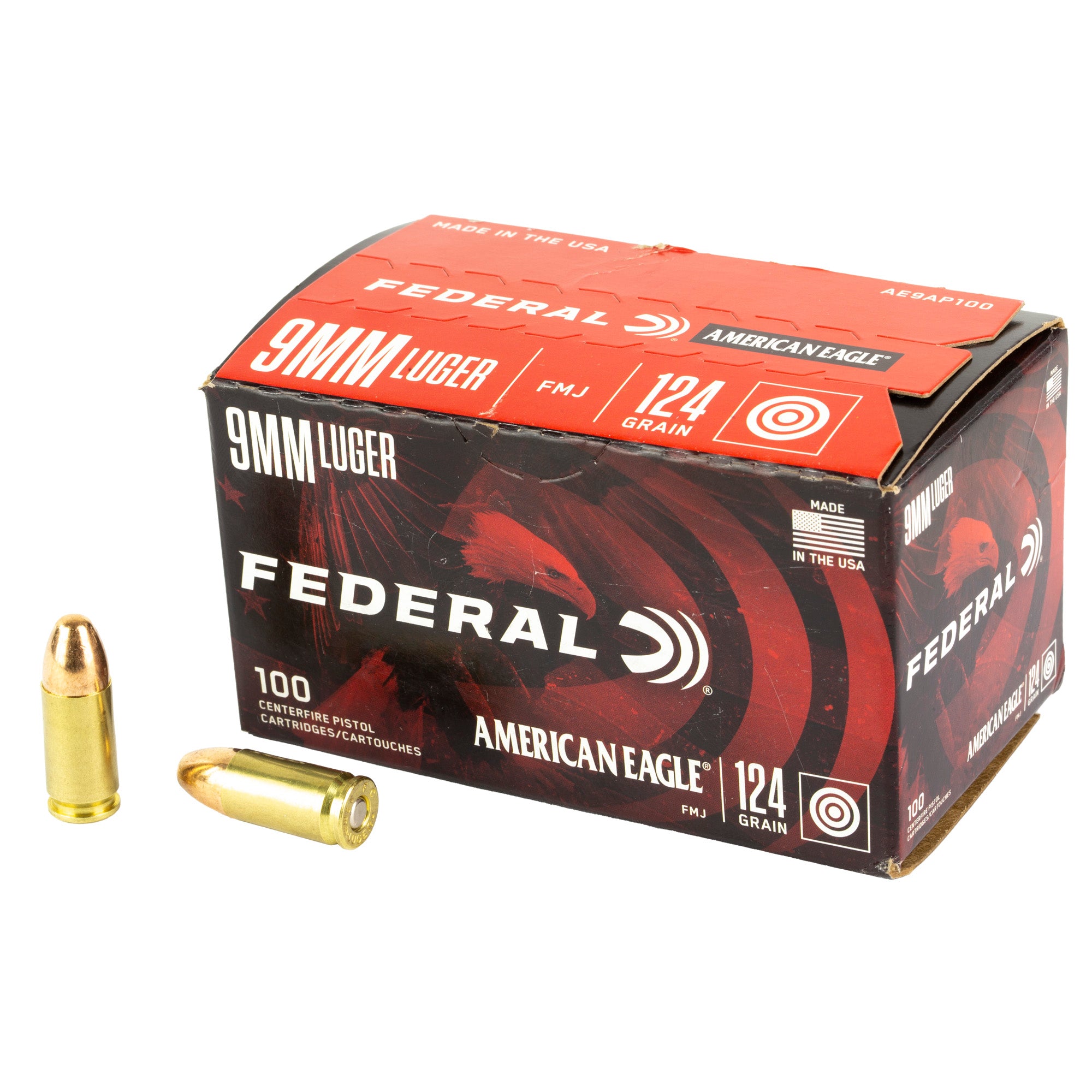 Federal 9mm Luger American Eagle 124gr FMJ Ammo 1150 FPS