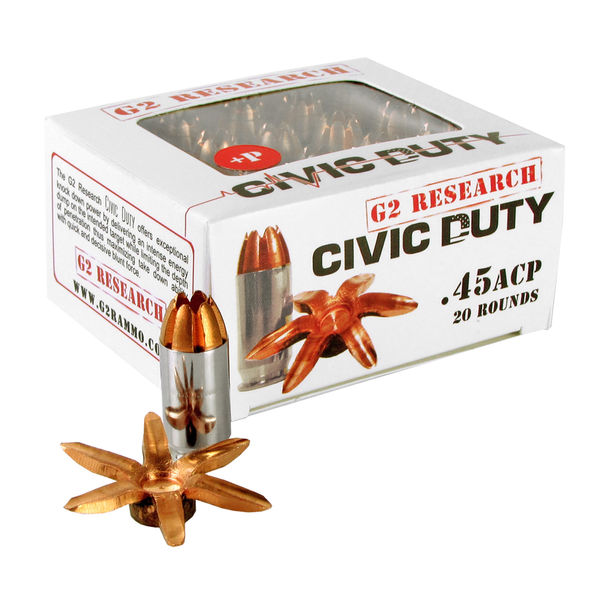 G2 Research .45 ACP Civic Duty 168gr Copper Expansion Projectile Ammo 1020 FPS