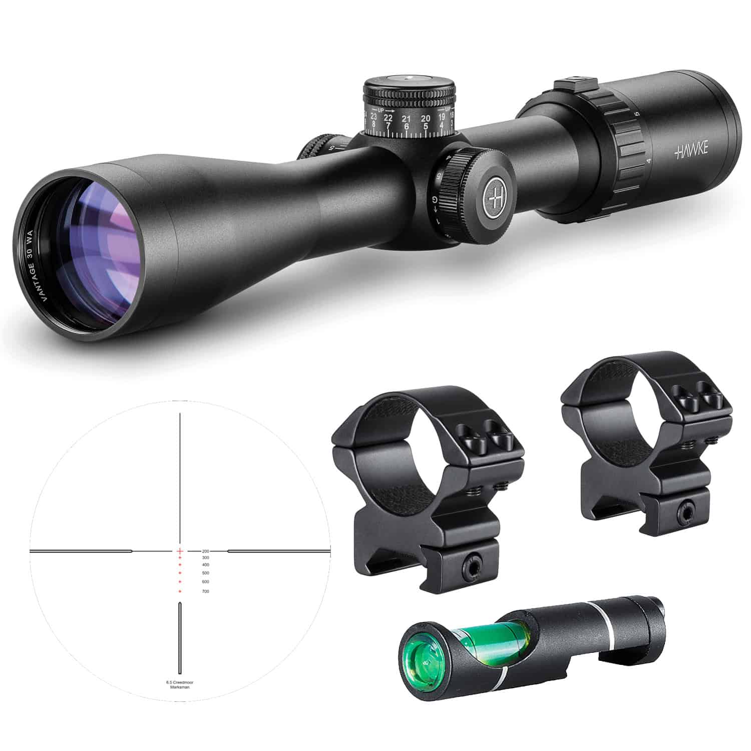 Hawke Optics Vantage IR Scope 30 WA 4-12×42 6.5 Creedmoor Marksman Reticle 14280 Combo w/Level & Mounts (14280+64101+22116)