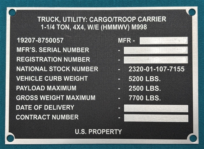 M998 HMMWV Data Plate