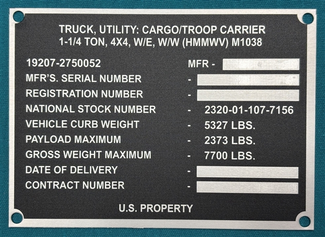 M1038 HMMWV Data Plate