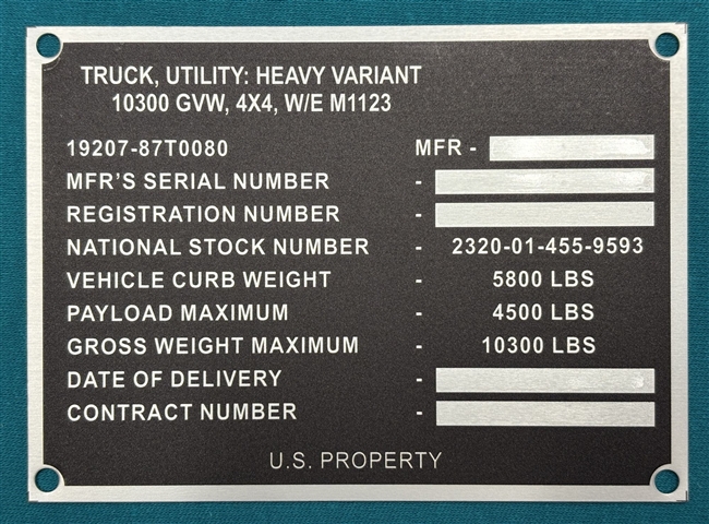 M1123 HMMWV Data Plate