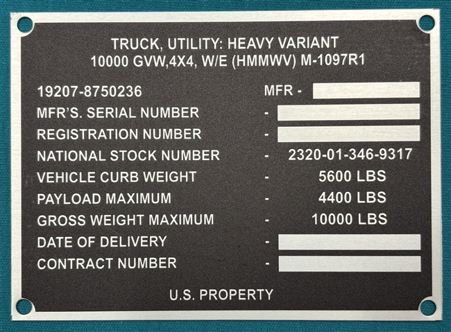 M1097R1HMMWV Data Plate