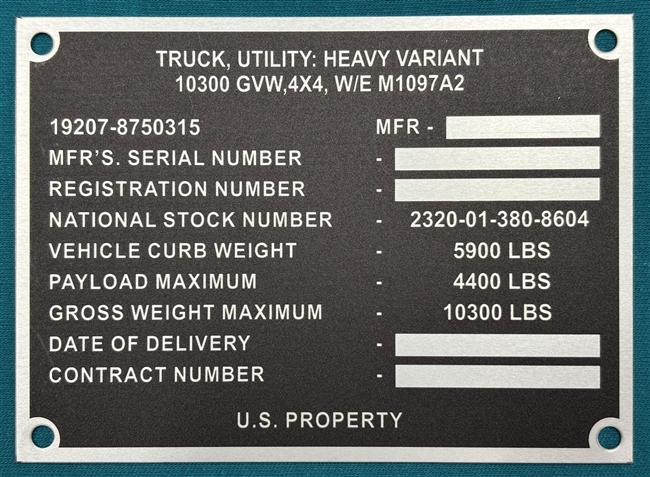 M1097A2HMMWV Data Plate