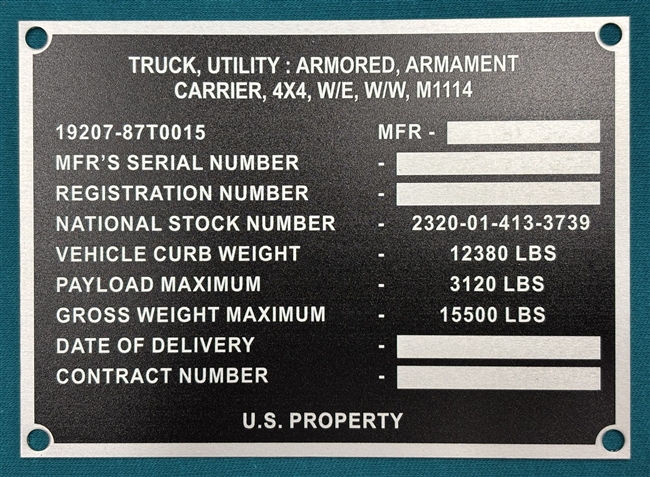 M1114HMMWV Data Plate