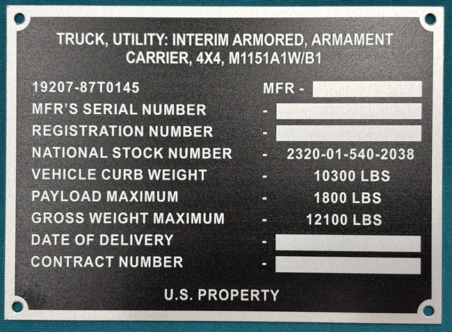M1151A1HMMWV Data Plate