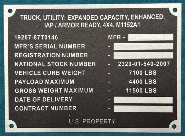 M1152A1HMMWV Data Plate