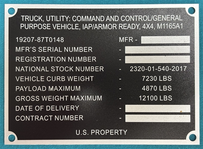 M1165A1HMMWV Data Plate