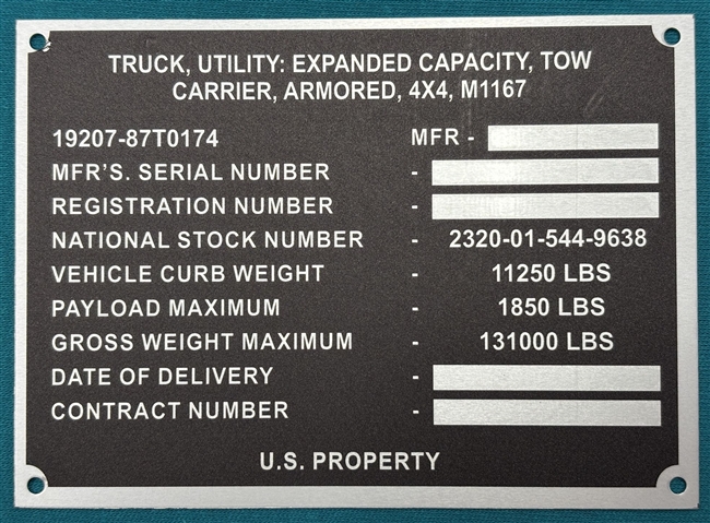 M1167HMMWV Data Plate