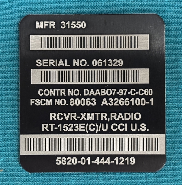 SINCGARS Military Radio RT-1523E Data Plate
