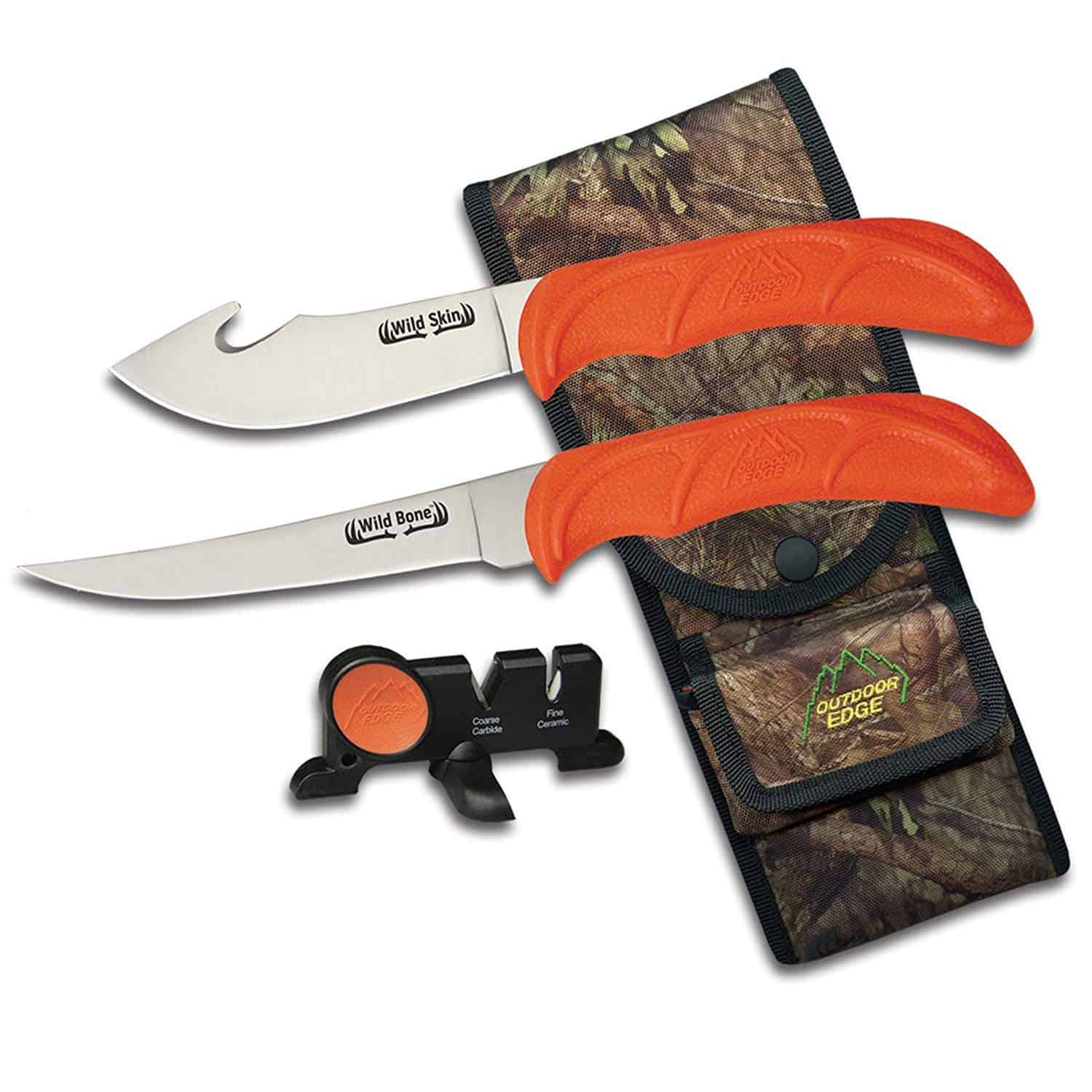 Outdoor Edge Wild Bone 2 Knife Hunting Set – Gut Hook Skinning Knife, Boning/Fillet Knife, Sharpener, Sheath WB-4C