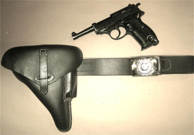 P38 Black HadshellHolster w/Embossed buckle, SS Belt