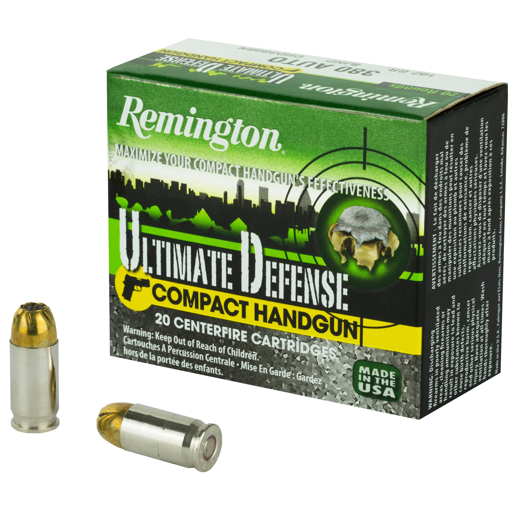 Remington .380 ACP Ultimate Defense 102gr Brass JHP Ammo 815 FPS