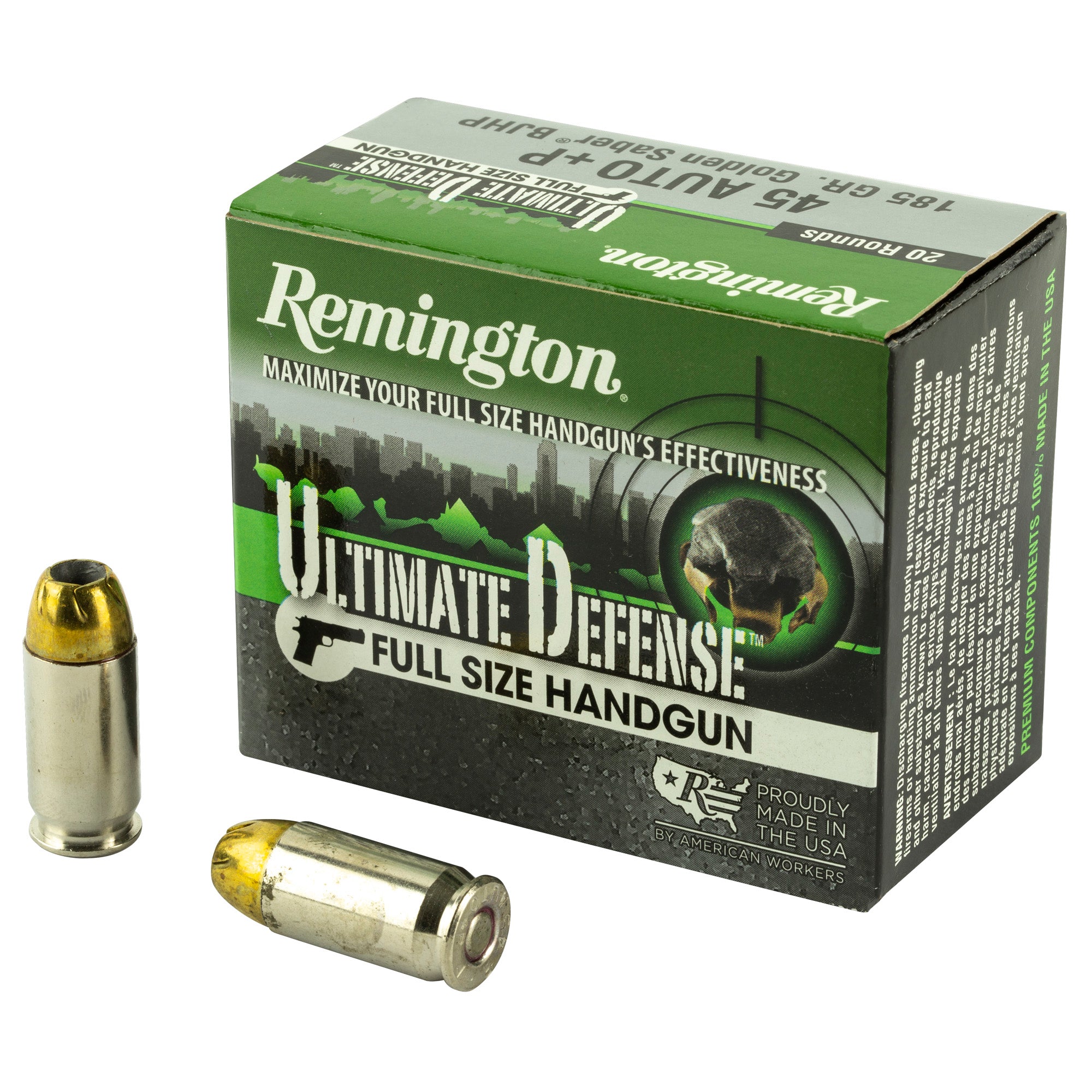 Remington .45 ACP +P Ultimate Defense 185gr Brass JHP Ammo 1140 FPS