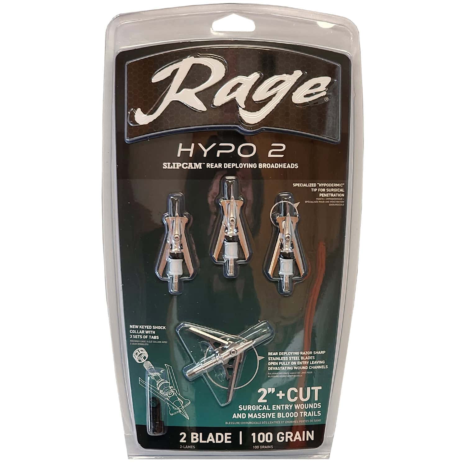 Rage Broadheads 2 Blade Hypo 2 2″ Expandable Cut Hypodermic 100 Grain 4 Pack R60001