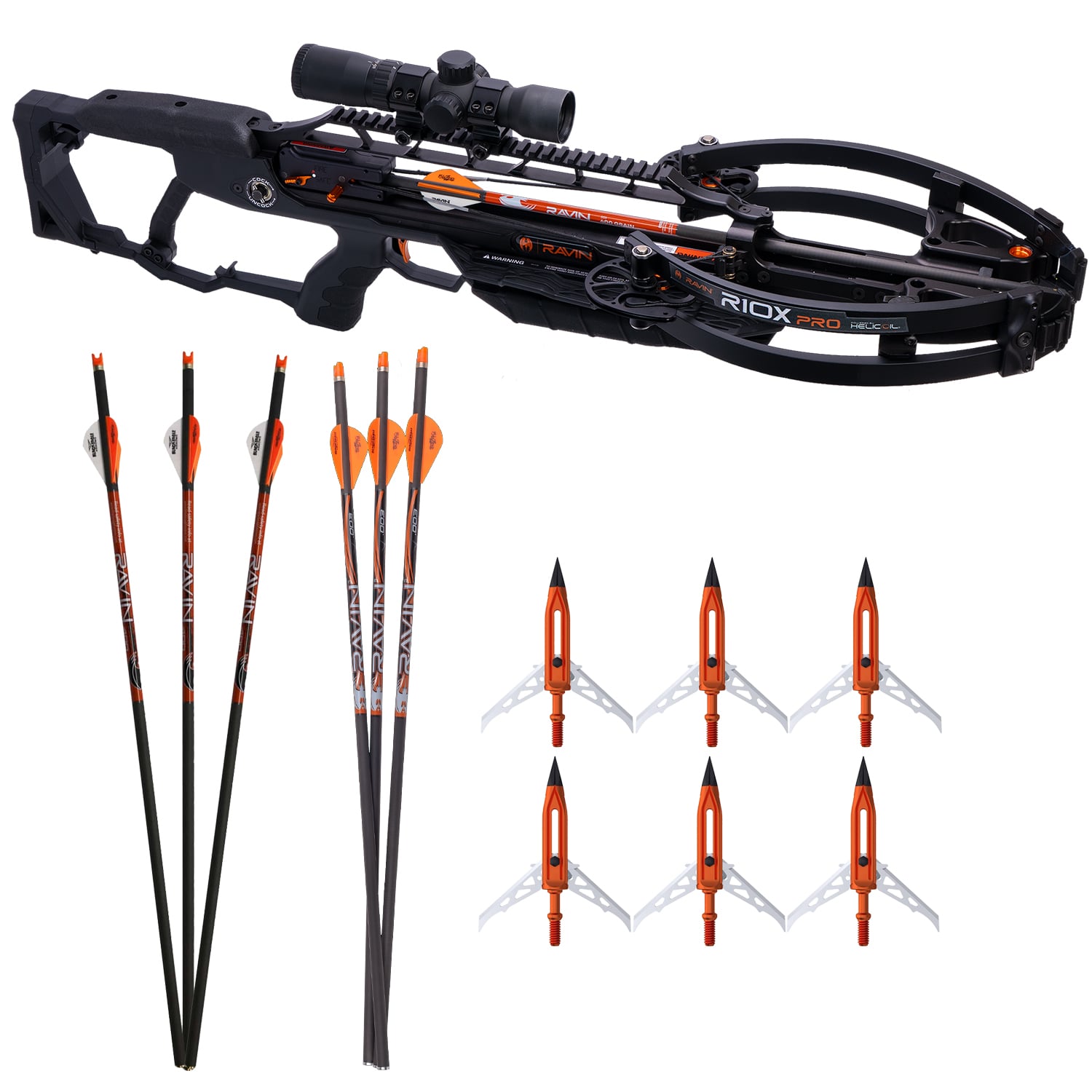 Ravin R10X PRO Black Crossbow Package | 3 Lighted Bolts & 6 Broadheads, HeliCoil, Silent Cocking, 420fps R018