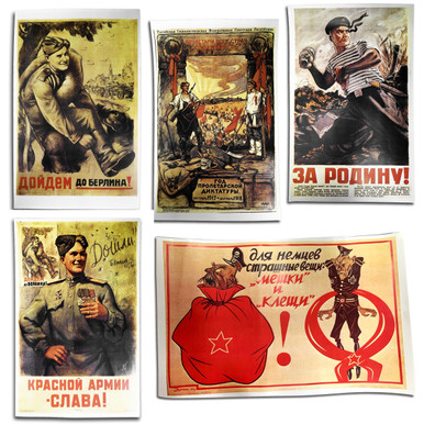 Russian WWII Patriotic Poster Set comes with a free pack of 5 original Russian Military Badges