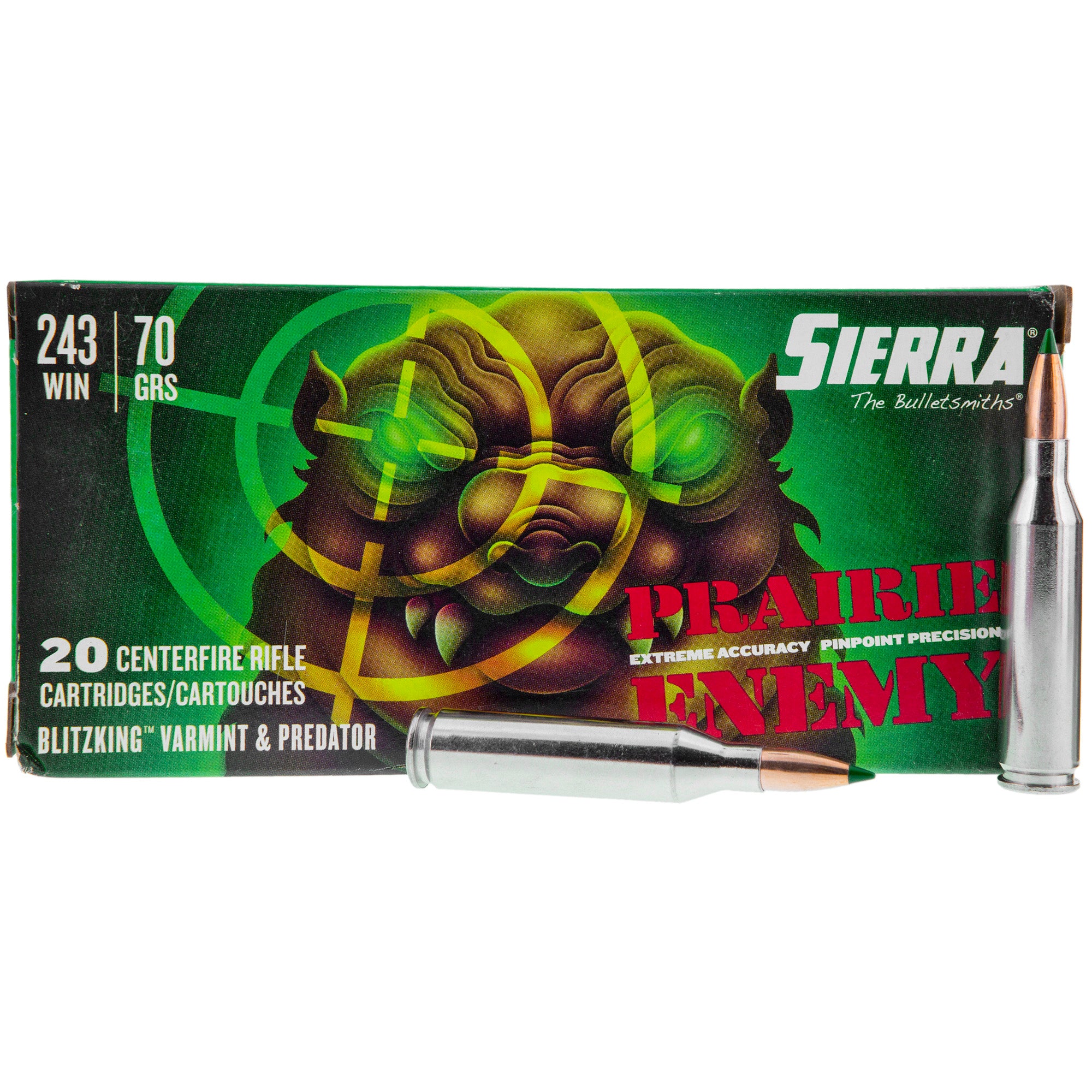 Sierra .243 Winchester Prairie Enemy 70gr BlitzKing Ammo 3450 FPS