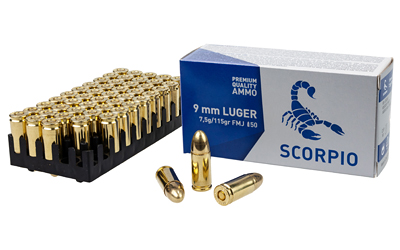 STV Technology, Scorpio Ammo, 9MM, 115 Grain, Full Metal Jacket, 50 Round Box