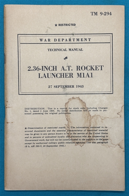 TM 9-2942.36" Rocket Launcher Bazooka M1A1 Technical Manual 1943