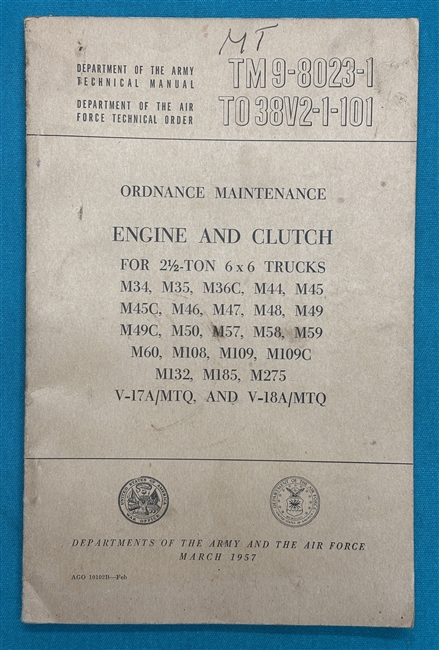 TM 9-8023-1 2-1/2 TonTruckM35 GasEngine & Clutch Technical Manual 1957