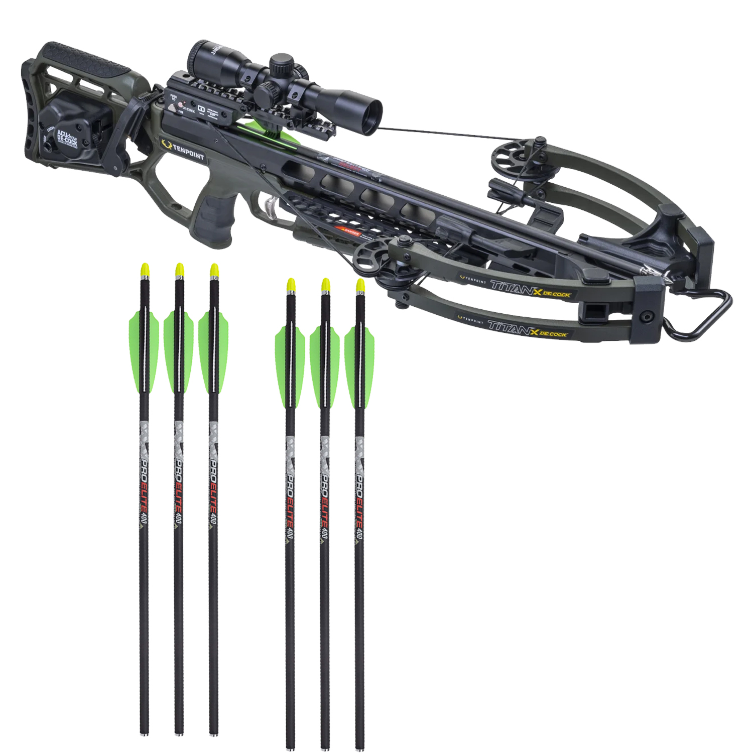 TenPoint Crossbow Titan X De-Cock Silent ACUdraw Moss Green Pro-View 400 Scope CB26047-1858 *Ships Fully Assembled* w/Free 3pk Bolts