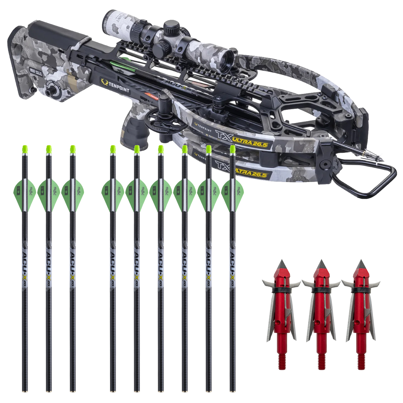 TenPoint Crossbow TX Ultra 26.5 Vektra Camo 410 FPS CB26008-7849 *Ships Assembled* w/Bonus 3pk Broadheads & 6pk Arrows