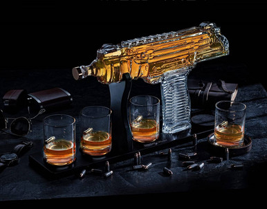 Uzi Whiskey Decanterwith stand and 4 Glasses